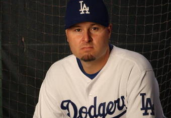VERO BEACH, FL - FEBRUARY 24:  Jason Schmidt #29 of the Los Angeles Dodgers poses during Photo Day on February 24, 2008 at Holman Stadium in Vero Beach, Florida.  (Photo by Elsa/Getty Images) 
