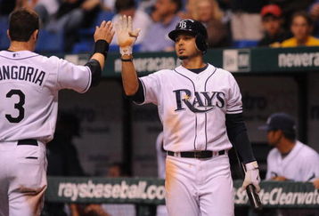 ST. PETERSBURG, FL - APRIL 30: Shortstop Jason Bartlett #8 of the Tampa Bay Rays celebrates a run by infielder Evan Longoria #3  against the Boston Red Sox April 30, 2009 at Tropicana Field in St. Petersburg, Florida.  (Photo by Al Messerschmidt/Getty Images)