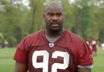 ASHBURN, VA - MAY 1:  Albert Haynesworth #92 of the Washington Redskins walks off the field after minicamp on May 1, 2009 at Redskins Park in Ashurn, Virginia.   (Photo by Mitchell Layton/Getty Images)