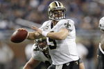 DETROIT - DECEMBER 21: Quarterback Drew Brees #9 of the New Orleans Saints drops back to pass in the third quarter against the Detroit Lions on December 21, 2008 at Ford Field in Detroit, Michigan. The Saints defeated the Lions 42-7.  (Photo by Leon Halip/Getty Images)