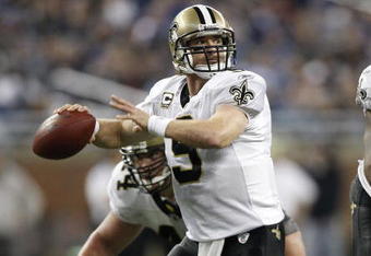 DETROIT - DECEMBER 21: Quarterback Drew Brees #9 of the New Orleans Saints drops back to pass in the third quarter against the Detroit Lions on December 21, 2008 at Ford Field in Detroit, Michigan. The Saints defeated the Lions 42-7.  (Photo by Leon Halip/Getty Images)