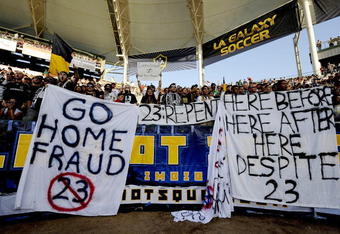 CARSON, CA - JULY 19:  Los Angeles Galaxy supporters hold up signs for David Beckham #23 before the MLS match against AC Milan at The Home Depot Center on July 19, 2009 in Carson, California. (Photo by Kevork Djansezian/Getty Images)