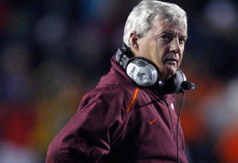 CHESTNUT HILL, MA - OCTOBER 18:  Coach Frank Beamer of the Virginia Tech Hokies reacts against the Boston College Eagles on October 18, 2008 at Alumni Stadium in Chestnut Hill, Massachusetts.  (Photo by Jim Rogash/Getty Images)