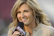 TAMPA, FL - OCTOBER 2: ESPN commentator Erin Andrews reports as the Pittsburgh Panthers upset the University of South Florida Bulls at Raymond James Stadium on October 2, 2008 in Tampa, Florida.  (Photo by Al Messerschmidt/Getty Images)