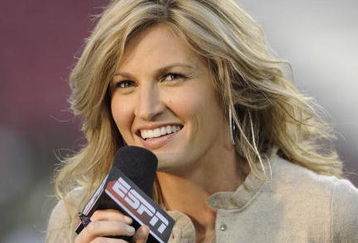 TAMPA, FL - OCTOBER 2: ESPN commentator Erin Andrews reports as the Pittsburgh Panthers upset the University of South Florida Bulls at Raymond James Stadium on October 2, 2008 in Tampa, Florida.  (Photo by Al Messerschmidt/Getty Images)