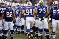ORCHARD PARK, NY - SEPTEMBER 21:  Aaron Schobel #94 of the Buffalo Bills runs onto the field before the game against the Oakland Raiders on September 21, 2008 at Ralph Wilson Stadium in Orchard Park, New York. (Photo by Rick Stewart/Getty Images)