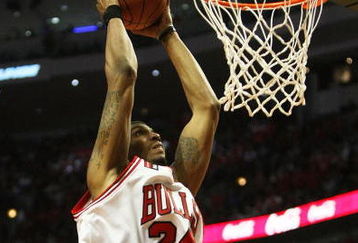 CHICAGO - APRIL 30: Tyrus Thomas #24 of the Chicago Bulls goes up for a dunk against the Boston Celtics in Game Six of the Eastern Conference Quarterfinals during the 2009 NBA Playoffs at the United Center on April 30, 2009 in Chicago, Illinois. The Bulls defeated the Celtics 128-127 in triple-overtime. NOTE TO USER: User expressly acknowledges and agreees that, by downloading and/or using this Photograph, User is consenting to the terms and conditions of the Getty Images License Agreement. (Photo by Jonathan Daniel/Getty Images)