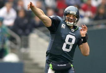 SEATTLE - NOVEMBER 16:    Quarterback Matt Hasselbeck #8 of the Seattle Seahawks throws a pass against  the Arizona Cardinals at Qwest Field on November 16, 2008 in Seattle, Washington.  (Photo by Jonathan Ferrey/Getty Images)