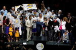 ORLANDO, FL - JUNE 14:  NBA Commissioner David Stern presents the Larry O'Brien trophy to family representative Joey Buss of the Los Angeles Lakers after the Lakers' win over the Orlando Magic in Game Five of the 2009 NBA Finals on June 14, 2009 at Amway Arena in Orlando, Florida.  The Lakers won 99-86.  NOTE TO USER:  User expressly acknowledges and agrees that, by downloading and or using this photograph, User is consenting to the terms and conditions of the Getty Images License Agreement.  (Photo by Chris Graythen/Getty Images)