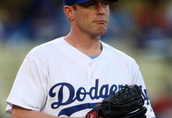 LOS ANGELES - JULY 16: Picther Randy Wolf #43 of the Los Angeles Dodgers looks on in the first inning against the Houston Astros on July 16, 2009 at Dodger Stadium in Los Angeles, California. (Photo by Stephen Dunn/Getty Images)