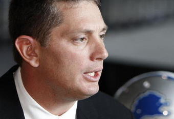 DETROIT , MI - JANUARY 16:  Jim Schwartz head coach of the Detroit Lions talks with the media after press conference to introduce him as the Lions new head coach on January 16, 2009 at Ford Field in Detroit, Michigan.  (Photo by Gregory Shamus/Getty Images)