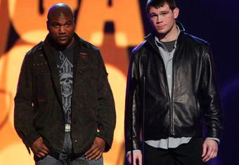 LAS VEGAS - DECEMBER 07:  UFC light heavyweight champion Quinton ?Rampage? Jackson (L) and mixed martial arts fighter Forrest Griffin speak at Spike TV's 2007 'Video Game Awards' at the Mandalay Bay Events Center on December 7, 2007 in Las Vegas, Nevada.  (Photo by Ethan Miller/Getty Images)