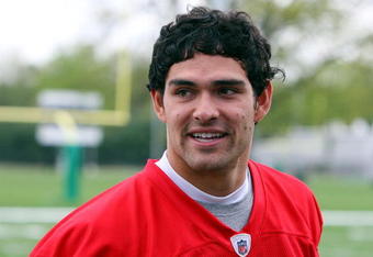 FLORHAM PARK, NJ - MAY 02:  Quarterback Mark Sanchez #6 of the New York Jets looks on during minicamp on May 2, 2009 at the Atlantic Health Jets Training Center in Florham Park, New Jersey.  (Photo by Jim McIsaac/Getty Images)
