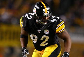 PITTSBURGH - JANUARY 18:  James Harrison #92 of the Pittsburgh Steelers lines up on defense against the Baltimore Ravens during the AFC Championship game on January 18, 2009 at Heinz Field in Pittsburgh, Pennsylvania. Steelers won 23-14.  (Photo by Al Bello/Getty Images)
