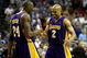 ORLANDO, FL - JUNE 11: Kobe Bryant #24 and Derek Fisher #2 of the Los Angeles Lakers celebrate in the final moments of the Lakers' overtime win over the Orlando Magic in Game Four of the 2009 NBA Finals on June 11, 2009 at Amway Arena in Orlando, Florida. NOTE TO USER: User expressly acknowledges and agrees that, by downloading and or using this photograph, User is consenting to the terms and conditions of the Getty Images License Agreement. (Photo by Elsa/Getty Images)