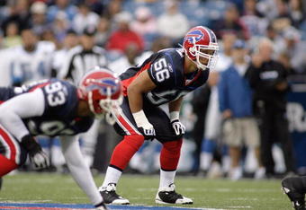 ORCHARD PARK - AUGUST 28:  Keith Ellison #56 of the Buffalo Bills gets ready on the field during the game against the Detroit Lions at Ralph Wilson Stadium on August 28, 2008 in Orchard Park, New York. (Photo by: Rick Stewart/Getty Images)