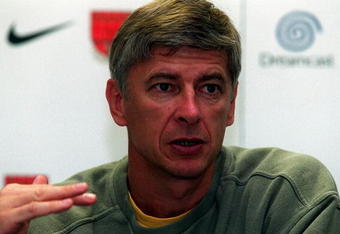 15 Aug 2000:  Arsene Wenger manager of Arsenal talks to the press about the New Nike Geo Merlin Balls which will be used in the 2000-2001 Premiership Season held at Arsenal Training at London Colney, London.  Mandatory Credit: Jamie McDonald/ALLSPORT