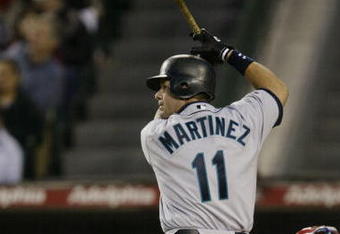 ANAHEIM, CA - APRIL 13:  Designated hitter Edgar Martinez #11 of the Seattle Mariners at bat during the game against the Anaheim Angels on April 13, 2004 at Angel Stadium in Anaheim, California.  The Angels, playing in their first home game of the season, won 7-5.  (Photo by Stephen Dunn/Getty Images)