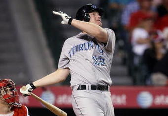 ANAHEIM, CA - MAY 6:  Lyle Overbay #35 of the Toronto Blue Jays hits a three-run home run in th eighth inning against the Los Angeles Angels of Anaheim at Angel Stadium May 6, 2009 in Anaheim, California.  (Photo by Stephen Dunn/Getty Images)
