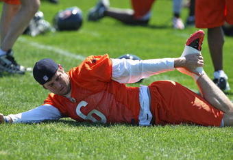 LAKE FOREST, IL - MAY 20: Jay Cutler #6 of the Chicago Bears participates during an organized team activity (OTA) practice on May 20, 2009 at Halas Hall in Lake Forest, Illinois. (Photo by Jonathan Daniel/Getty Images)