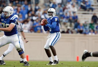 DURHAM, NC - OCTOBER 18:  Quarterback Thaddeus Lewis #9 of the Duke Blue Devils looks to pass the ball during the game against the Miami Hurricanes at Wallace Wade Stadium on October 18, 2008 in Durham, North Carolina.  (Photo by Kevin C. Cox/Getty Images)