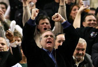 PORTLAND, OR - DECEMBER 21:  Portland Trail Blazers owner Paul Allen celebrates  his team's 10th consecutive victory  during the game against the Denver Nuggets at the Rose Garden on December 21, 2007 in Portland, Oregon.  NOTE TO USER: User expressly acknowledges and agrees that, by downloading and or using this Photograph, user is consenting to the terms and conditions of the Getty Images License Agreement.  (Photo by Jonathan Ferrey/Getty Images)