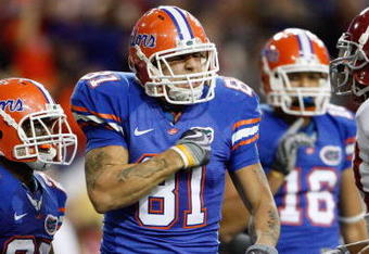 ATLANTA - DECEMBER 06:  Aaron Hernandez #81 of the Florida Gators reacts against the Alabama Crimson Tide during the SEC Championship on December 6, 2008 at the Georgia Dome in Atlanta, Georgia.  (Photo by Kevin C. Cox/Getty Images)