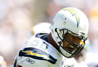 SAN DIEGO - SEPTEMBER 07:  Linebacker Shawne Merriman #56 of the San Diego Chargers exhorts the crowd against the Carolina Panthers on September 7, 2008 at Qualcomm Stadium in San Diego, California. The Panthers won 26-24.  (Photo by Stephen Dunn/Getty Images)