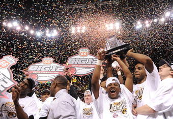 OKLAHOMA CITY - MARCH 14:  The Missouri Tigers celebrate after winning the Phillips 66 Big 12 Men's Basketball Championship at the Ford Center March 14, 2009 in Oklahoma City, Oklahoma.  (Photo by Ronald Martinez/Getty Images)
