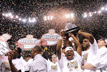 OKLAHOMA CITY - MARCH 14:  The Missouri Tigers celebrate after winning the Phillips 66 Big 12 Men's Basketball Championship at the Ford Center March 14, 2009 in Oklahoma City, Oklahoma.  (Photo by Ronald Martinez/Getty Images)