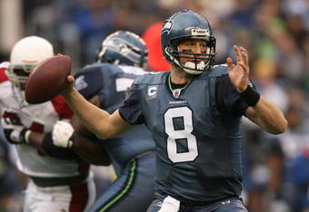 SEATTLE - NOVEMBER 16:  Quarterback Matt Hasselbeck #8 of the Seattle Seahawks passes against the Arizona Cardinals on November 16, 2008 at Qwest Field in Seattle, Washington. The Cardinals defeated the Seahawks 26-20. (Photo by Otto Greule Jr/Getty Images)