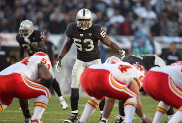 OAKLAND, CA - NOVEMBER 30:  Thomas Howard #53 of the Oakland Raiders gets ready on the line against the Kansas City Chiefs during an NFL game on November 30, 2008 at the Oakland-Alameda County Coliseum in Oakland, California. (Photo by Jed Jacobsohn/Getty Images)