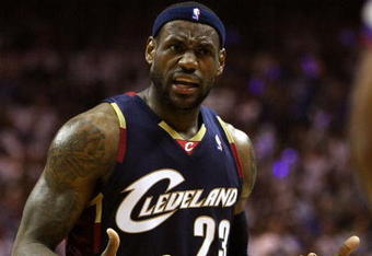 ORLANDO, FL - MAY 30:  LeBron James #23 of the Cleveland Cavaliers reacts after a play against the Orlando Magic in Game Six of the Eastern Conference Finals during the 2009 Playoffs at Amway Arena on May 30, 2009 in Orlando, Florida. NOTE TO USER: User expressly acknowledges and agrees that, by downloading and or using this photograph, User is consenting to the terms and conditions of the Getty Images License Agreement  (Photo by Elsa/Getty Images)