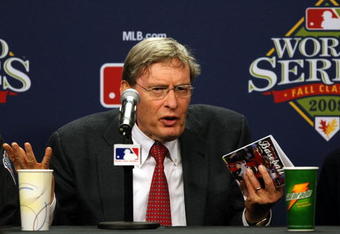 PHILADELPHIA - OCTOBER 27:  Major League Baseball commissioner Bud Selig explains the rules involved with suspending game five of the 2008 MLB World Series between the Philadelphia Phillies and the Tampa Bay Rays till 8:00 pm (EST) on October 28 at the earliest of the Philadelphia Phillies at a press conference on October 27, 2008 at Citizens Bank Park in Philadelphia, Pennsylvania.  (Photo by Elsa/Getty Images)