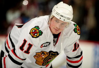 DENVER - JANUARY 18:  Jack Skille #11 of the Chicago Blackhawks warms up prior to facing the Colorado Avalanche at the Pepsi Center on January 18, 2008 in Denver, Colorado. The Blackhawks defeated the Avalanche 2-1 in an overtime shoot out. (Photo by Doug Pensinger/Getty Images)