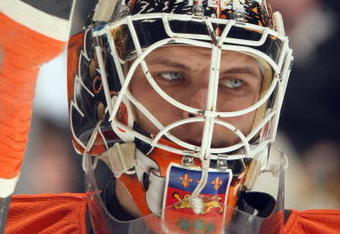 TORONTO - NOVEMBER 29:  Goalie Martin Biron #43 of the Philadelphia Flyers looks on the ice during the game against the Toronto Maple Leafs at the Air Canada Centre November 29, 2008 in Toronto, Ontario.(Photo By Dave Sandford/Getty Images)