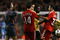 LIVERPOOL, UNITED KINGDOM - NOVEMBER 26: Mamadou Niang of Marseille squares up to Javier Mascherano of Liverpool following Mascherano's challenge on Mathieu Valbuena during the UEFA Champions League Group D match between Liverpool and Marseille at Anfield on November 26, 2008 in Liverpool, England. (Photo by Alex Livesey/Getty Images)
