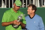 TURNBERRY, SCOTLAND - JULY 19:  Stewart Cink (L) of USA looks at the Claret Jug with Tom Watson of USA after his victory in a play off following the final round of the 138th Open Championship on the Ailsa Course, Turnberry Golf Club on July 19, 2009 in Turnberry, Scotland.  (Photo by David Cannon/Getty Images)