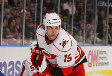 NEW YORK - JANUARY 27:  Tuomo Ruutu #15 of the Carolina Hurricanes skates against the New York Rangers on January 27, 2009 at Madison Square Garden in New York City.  (Photo by Bruce Bennett/Getty Images)