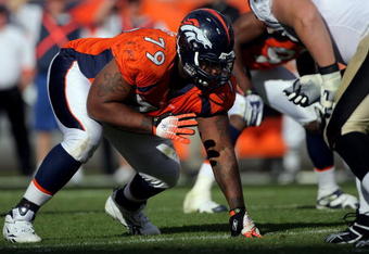 DENVER - SEPTEMBER 21:  Defensive tackle Marcus Thomas #79 of the Denver Broncos is poised at the line of scrimmage as he defends against the New Orleans Saints during NFL action at Invesco Field at Mile High on September 21, 2008 in Denver, Colorado. The Broncos defeated the Saints 34-32.  (Photo by Doug Pensinger/Getty Images)