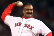 BOSTON - OCTOBER 05:  Former Boston Red Sox legend Jim Rice throws out the ceremonial first pitch before the Game Three of the American League Division Series against the Los Angeles Angels of Anaheim on October 5, 2008  at Fenway Park in Boston, Massachusetts.  (Photo by Elsa/Getty Images)