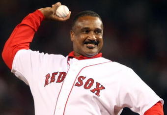 BOSTON - OCTOBER 05:  Former Boston Red Sox legend Jim Rice throws out the ceremonial first pitch before the Game Three of the American League Division Series against the Los Angeles Angels of Anaheim on October 5, 2008  at Fenway Park in Boston, Massachusetts.  (Photo by Elsa/Getty Images)