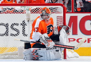 PHILADELPHIA - APRIL 25:  Martin Biron #43 of the Philadelphia Flyers skates against the Pittsburgh Penguins during Game Six of the Eastern Conference Quarterfinal Round of the 2009 NHL Stanley Cup Playoffs  at the Wachovia Center on April 25, 2009 in Philadelphia, Pennsylvania. The Penguins defeated the Flyers 5-3 to win the series 4 games to 2.  (Photo by Jim McIsaac/Getty Images)