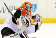 PITTSBURGH - APRIL 23: Martin Biron #43 of the Philadelphia Flyers makes his final save in shutting out the Pittsburgh Penguins during Game Five of the Eastern Conference Quarterfinals of the 2009 Stanley Cup Playoffs on April 23, 2009 at Mellon Arena in Pittsburgh, Pennsylvania.(Photo By Dave Sandford/ Getty Images)