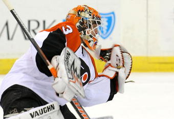 PITTSBURGH - APRIL 23:  Martin Biron #43 of the Philadelphia Flyers makes his final save in shutting out the Pittsburgh Penguins during Game Five of the Eastern Conference Quarterfinals of the 2009 Stanley Cup Playoffs  on April 23, 2009 at Mellon Arena in Pittsburgh, Pennsylvania.(Photo By Dave Sandford/ Getty Images)