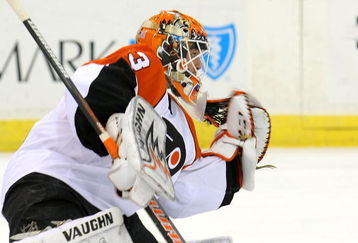 PITTSBURGH - APRIL 23:  Martin Biron #43 of the Philadelphia Flyers makes his final save in shutting out the Pittsburgh Penguins during Game Five of the Eastern Conference Quarterfinals of the 2009 Stanley Cup Playoffs  on April 23, 2009 at Mellon Arena in Pittsburgh, Pennsylvania.(Photo By Dave Sandford/ Getty Images)