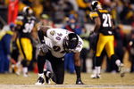 PITTSBURGH - JANUARY 18:  Trevor Pryce #90 of the Baltimore Ravens picks himself up off the field against the Pittsburgh Steelers during the AFC Championship game on January 18, 2009 at Heinz Field in Pittsburgh, Pennsylvania.  (Photo by Streeter Lecka/Getty Images)