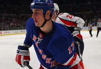NEW YORK - APRIL 22:  Brandon Dubinsky #17 of the New York Rangers skates against the Washington Capitals during Game Four of the Eastern Conference Quarterfinal Round of the 2009 NHL Stanley Cup Playoffs on April 22, 2008 at Madison Square Garden in New York City. The Rangers defeated the Capitals 2-1 and lead the series 3 games to 1.  (Photo by Jim McIsaac/Getty Images)