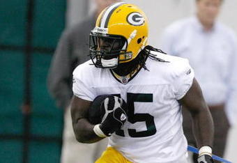 GREEN BAY, WI - MAY 1:  Running back Quinn Johnson #45 runs in practice drills during Green Bay Packers Minicamp at Don Hutson Center on May 1, 2009 in Green Bay, Wisconsin. (Photo by Scott Boehm/Getty Images)