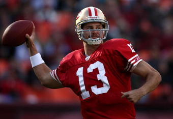 SAN FRANCISCO - DECEMBER 28:  Shaun Hill #13 of the San Francisco 49ers throws a a pass against the Washington Redskins 27-24 at Candlestick Park on December 28, 2008 in San Francisco, California  (Photo by Jonathan Ferrey/Getty Images)